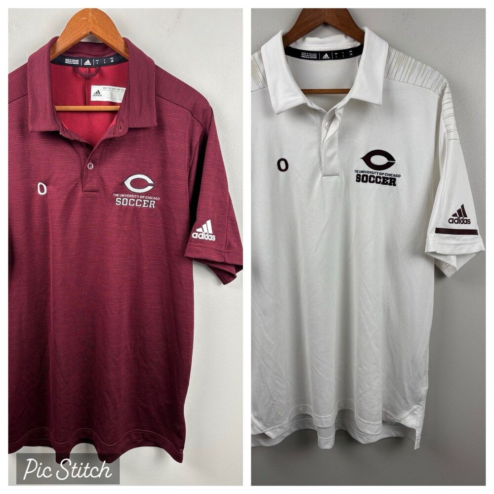 Bundle TWO University of Chicago Soccer Large Polo Shirts Adidas- Maroon & White